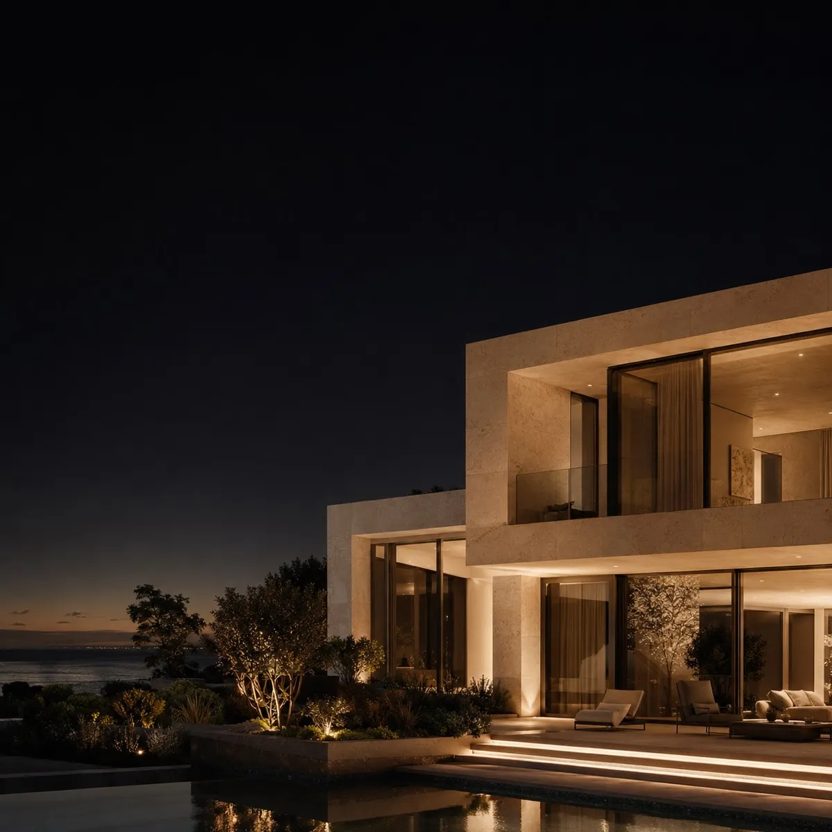 Vivenda costeira contemporânea fictícia com vista para o Atlântico em Cascais.